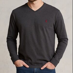 Polo Ralph Lauren Charcoal Gray Long Sleeve V-Neck Shirt Men’s XL Red Pony Logo